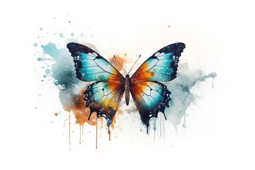 Obraz na płótnie Canvas Watercolor butterfly with splashes and blots on white background.