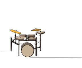 Electronic drum kit one line color art. Continuous line drawing of play, drum, drumstick, kit, stick, music, performer, song, vintage, rock, instrument, band, percussion, sound, bass, musician.