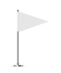 Desk or table triangle flag on chrome pole mock up. White paper or fabric flag on metal stand. Promotional and advertising vector template isolated on white background
