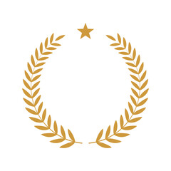 Yellow laurel wreath with star icon vector illustration. Winner award with leaves silhouette, trophy, gold certificate or birthday congratulation for ceremony isolated on white