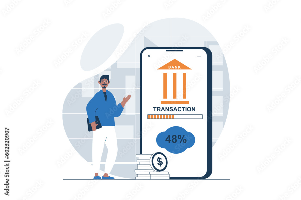 Poster payment web concept with character scene. man using online banking and making transactions with cred
