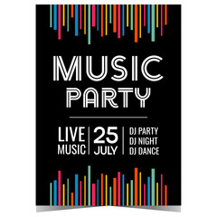 Music party vector illustration design on black background. Promotional banner or poster and invitation leaflet or flyer for musical disco dance event or night club with live DJ and HQ sound.