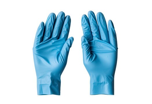 Pair of blue gloves isolated on transparent background. two blue surgical medical rubber glove hands
