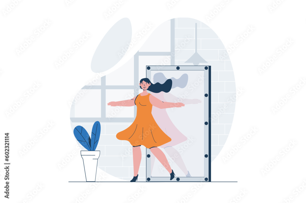 Poster people dancing web concept with character scene. woman enjoying dance in studio and training by mirr