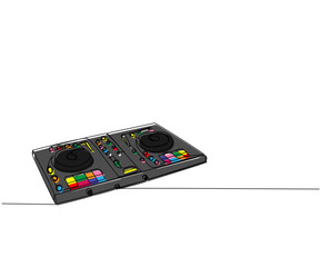 Dj console, keyboard one line color art. Continuous line drawing of disc, professional, play, nightlife, techno, vinyl, dj, music, mixer, turntable, audio, dance, disco, volume, record, control, mix