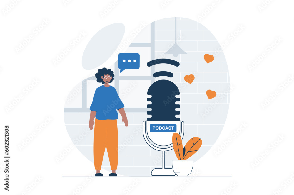 Poster Podcast streaming web concept with character scene. Man recording audio in huge microphone for podcast show. People situation in flat design. Vector illustration for social media marketing material.