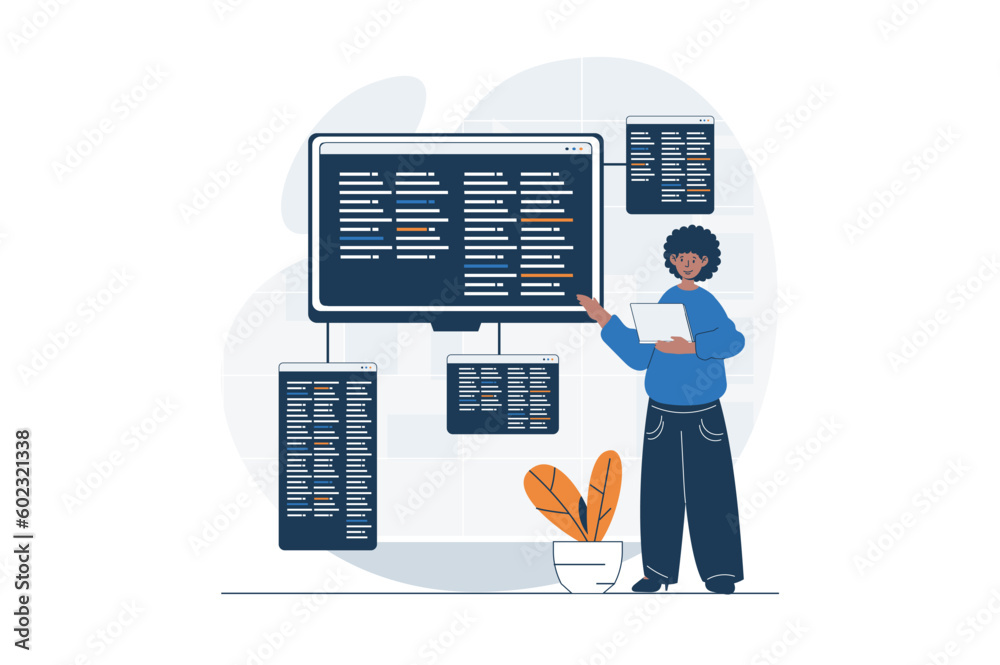 Leinwandbilder Programming web concept with character scene. Man developer coding and making program at different screens. People situation in flat design. Vector illustration for social media marketing material.