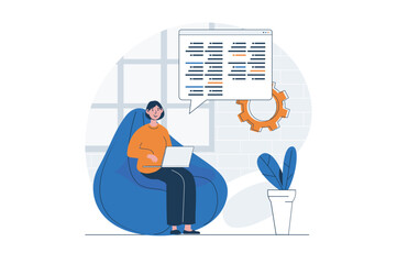 Programming web concept with character scene. Woman coding and making program at screen, working at laptop. People situation in flat design. Vector illustration for social media marketing material.