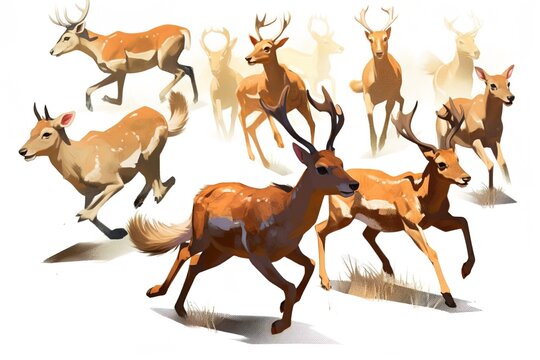 Wild deer running in the meadow. Hand drawn vector illustration.