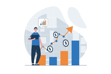 Sales performance web concept with character scene. Man analyze financial stock charts and increase profit. People situation in flat design. Vector illustration for social media marketing material.