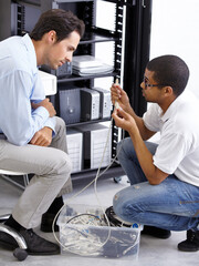 Server room, man or electrician fixing cables for hardware maintenance or working on glitch in...