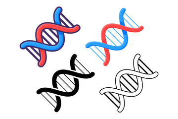 Genetic helix DNA molecule connected chemical bond. Study of structure and composition of cells and proteins in biological laboratory. Simple vector set icons in different styles isolated on white