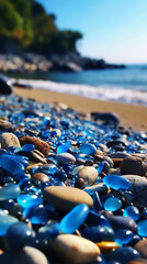 blue transparent pebbles on the beach. AI generative
