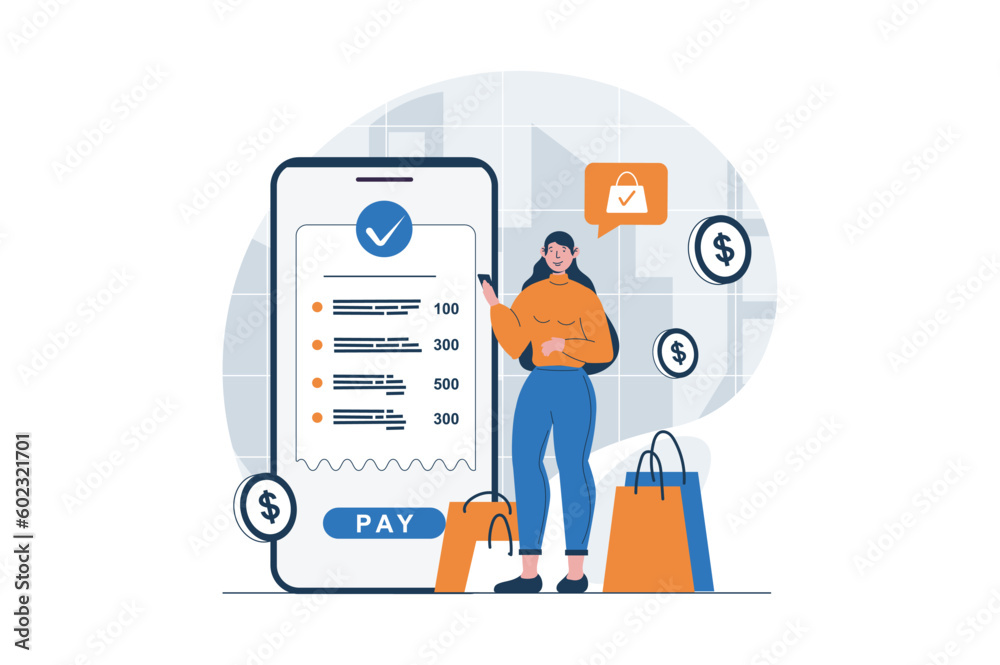 Poster secure payment web concept with character scene. woman paying bills with protect of personal financi