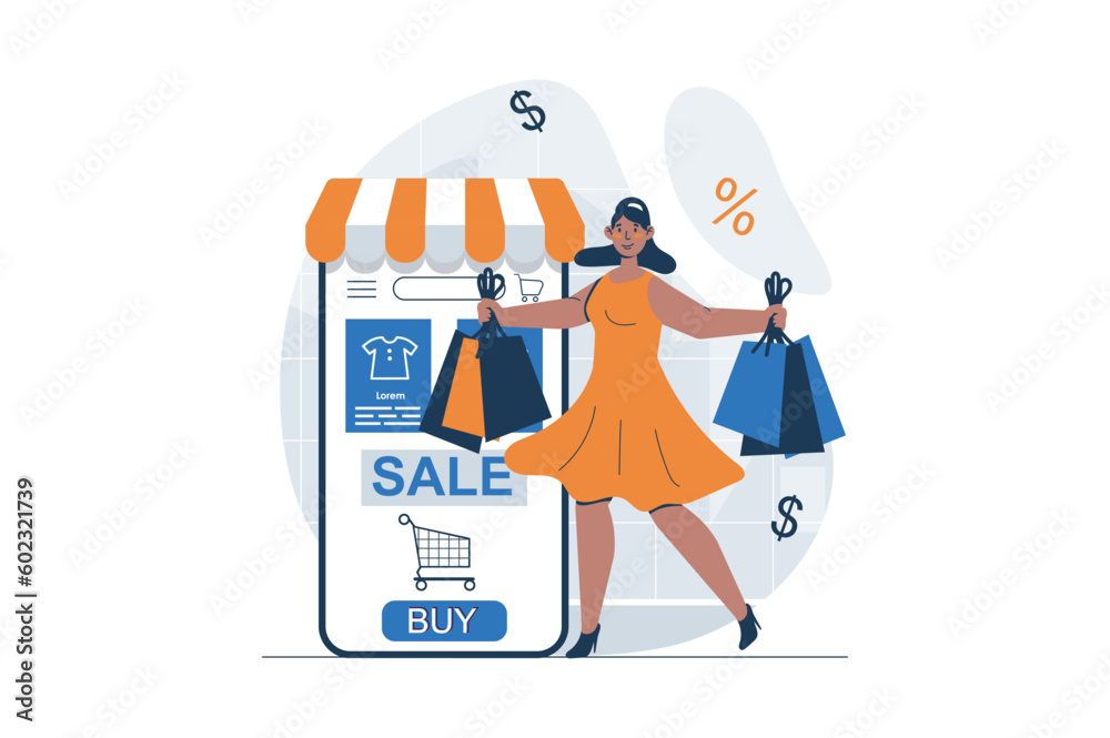 Aufkleber shopping web concept with character scene. woman making purchases and ordering online in mobile appl