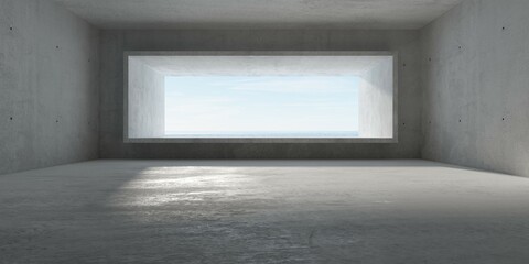 Abstract large, empty, modern concrete room with rectangular opening in the back wall with ocean background and rough floor - industrial interior background template