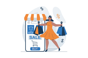 Shopping web concept with character scene. Woman making purchases and ordering online in mobile application. People situation in flat design. Vector illustration for social media marketing material.
