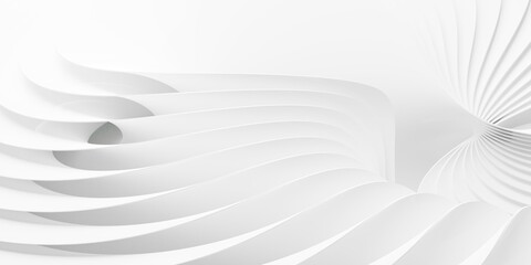 Close up of modern abstract wave or curve shaped bend bright white morphed paper sheets background