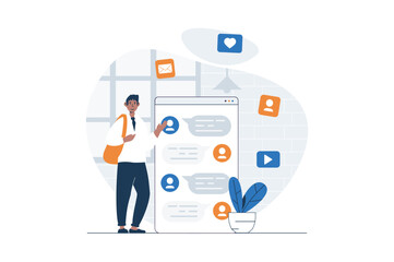 Social media marketing web concept with character scene. Man making online promotion with messages in chats. People situation in flat design. Vector illustration for social media marketing material.