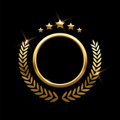 Gold round frame, stars and circular wreath from olive leaf vector illustration. Realistic 3d golden anniversary medal, winner certificate with shine light effect isolated on black background