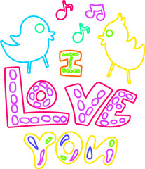 Declarative I love your songs and melodies hand drawn text with neon lights on dark night backdrop. Festive elegant inscription for design of card or invitation. Doodle Hand Drawn vector on black