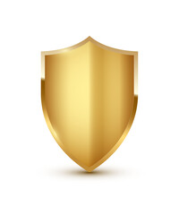 Gold shield vector illustration. Realistic isolated golden armory trophy with metal coat, 3d luxury safety protection emblem, vintage blank shiny royal award