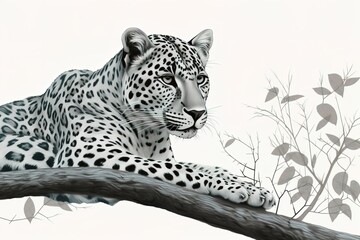 ndangered Amur leopard, resting on a tree branch, minimal illustration. - obrazy, fototapety, plakaty