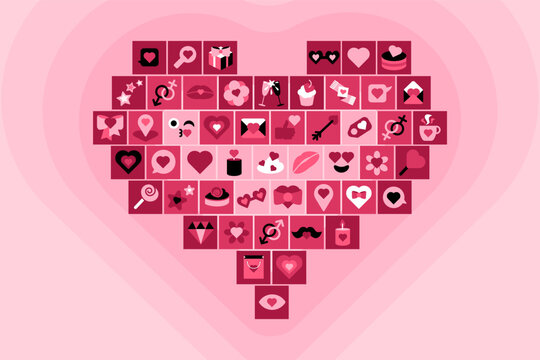 Heart shaped collage stacked of square pink icons with symbols and signs of love holiday valentines day. Wedding couple anniversary card and invitation design element. Simple flat vector on pink back