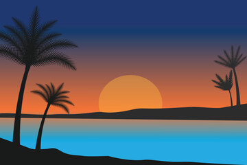 Obraz na płótnie Canvas summer Sunset beach vector background, Sunset scene landscape background, tropical beach landscape illustration, Sunset beach with palm trees vector background, gradient beach scenery background 