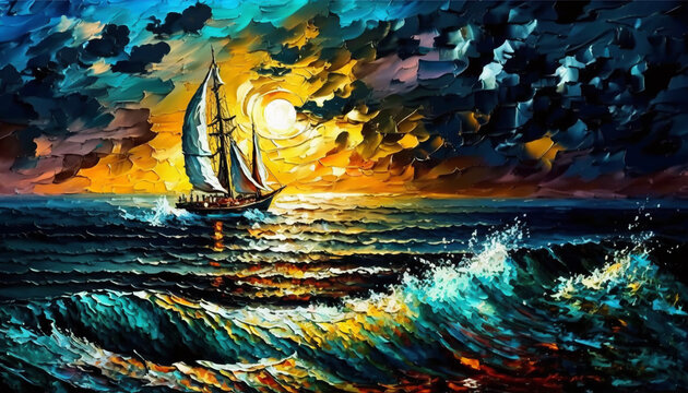 沈む夕日と海の油絵のイラスト