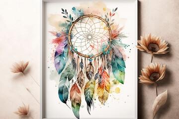 dreamcatcher with feathers, aquarelle style, ai generated