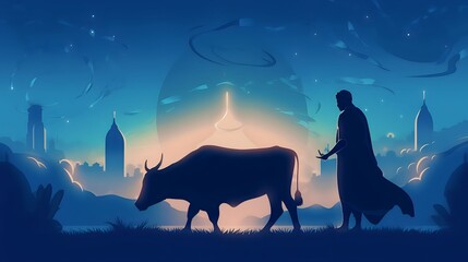 Sillhouette of Muslim man sacrifices cow in mosque during hajj with cow, Eid al-Adha illustration, Generative AI