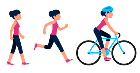 Woman walking, running and riding a bicycle