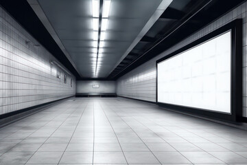 The blank screen of a TV mockup in an abandoned subway station creates an eerie and moody atmosphere. is AI Generative