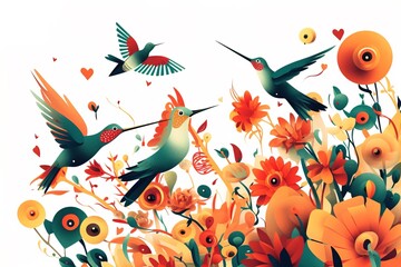 roup of hummingbirds hovering simple minimal tech illustration.