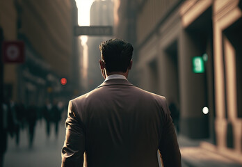 Fototapeta premium backside of man walking in the street, ai generated
