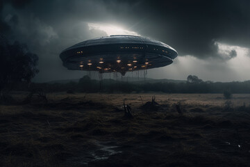 Fototapeta na wymiar world ufo day, flying in space, Exploring extraterrestrial civilization, aliens, strangers, flying saucer, abduction, 2 July, green humans. unidentified flying objects. Generative AI