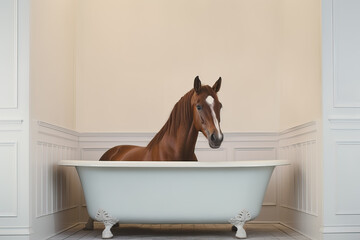 horse sitting in bathtub, ai generated