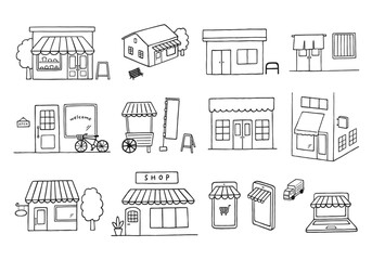 Fototapeta premium いろんなお店の手描きイラストセット（モノクロ）