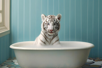 white tiger sitting in bathtub, ai generated