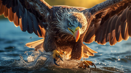 Close up of eagle grabbing the fish above blue water. AI generative