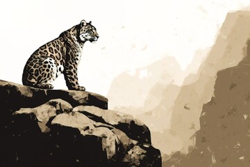 snow leopard, perched on a rocky ledge simple minimal tech illustration.