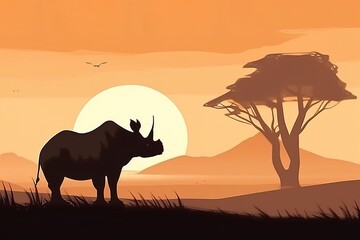 Rhino in african savanna, simple minimal tech illustration.