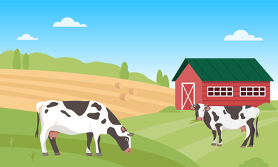 Summer rural landscape with cows. Farm in green field with blue sky. Dairy products farming concept. Vector illustration.