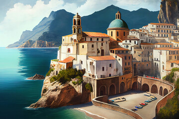 Landscape with Atrani town at famous amalfi coast. Generative Ai