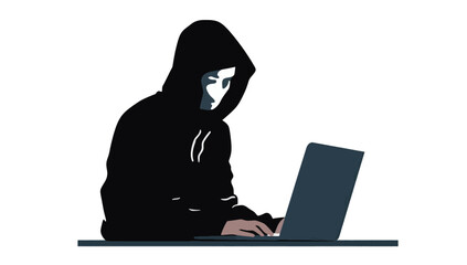 Computer Hacker in Hood Flat Cartoon Hacking, Ransomware via Notebook in Vector Style