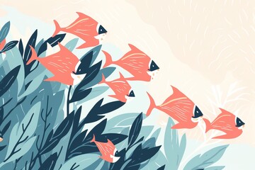 tropical fish, swimming through a colorful coral reef, simple minimal tech illustration.