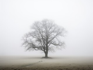 Misty Winter Morning with Barren Tree - AI Generated