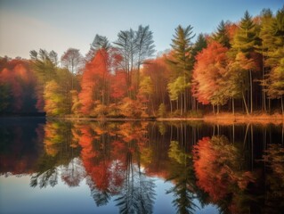 Autumn Trees Reflection on Pond - AI Generated