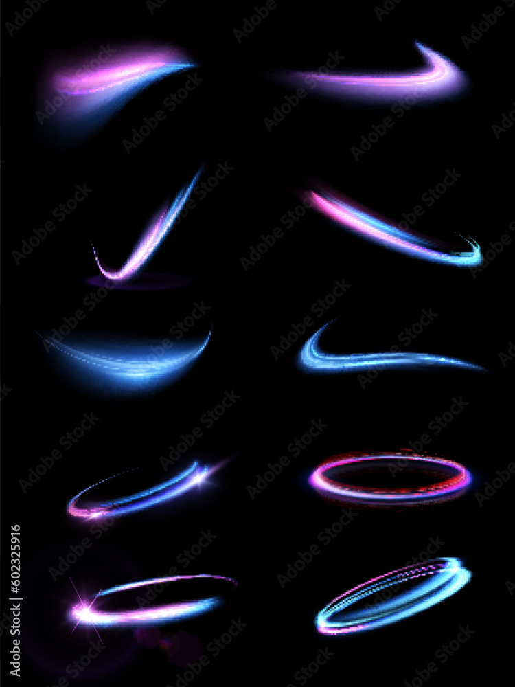 Poster neon swirl. blue red pink purple line curve light effect. abstract ring background with glowing swir